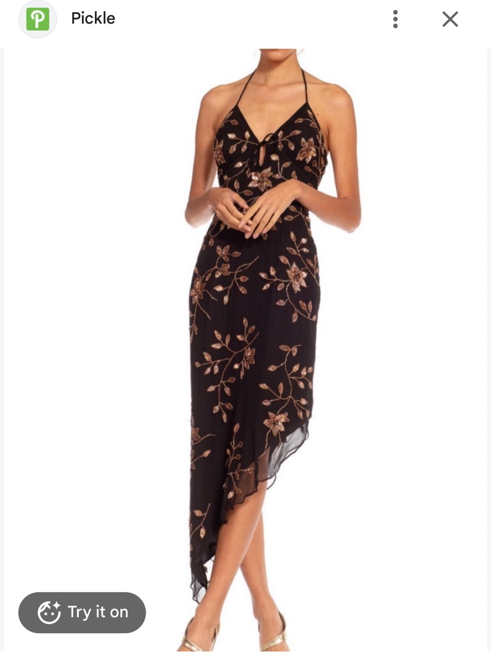 vintage Y2K Caché black silk halter dress featuring intricate copper-bronze bead